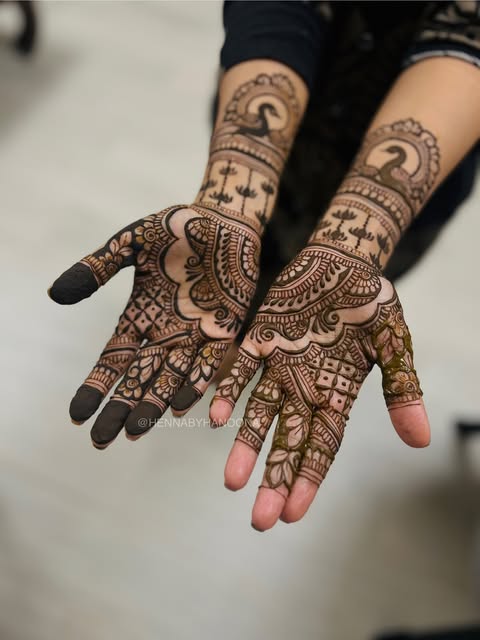 Full bridal mehndi covering both palms in dense Indian and Arabic motifs